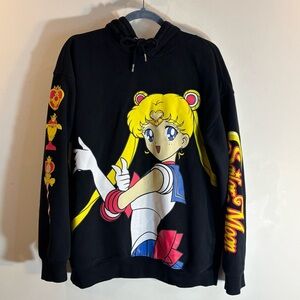 SAILOR MOON Sz M Oversized Black Manga Graphic Hoodie With Seam Pockets